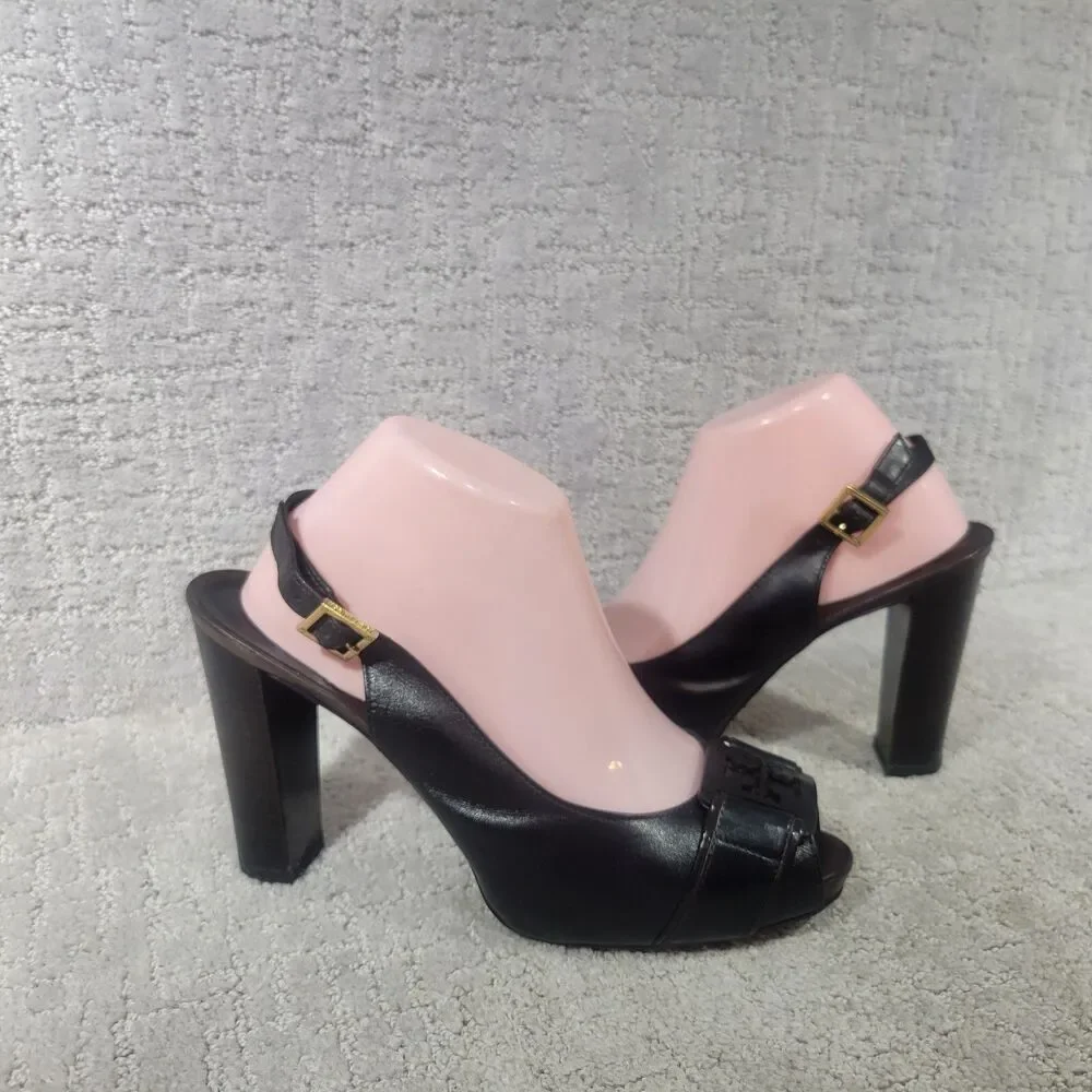 Tory Burch Tennyson Women's Size US 9.5 M Black Leather Slingback Heels Sandals.